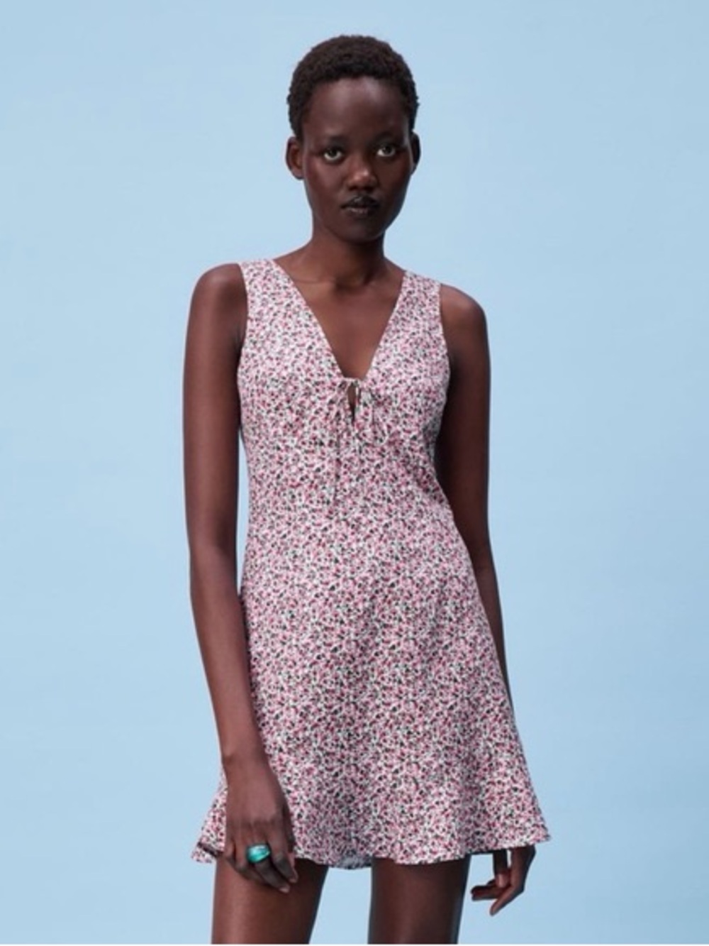 Zara Pink Ditsy Floral Tie-Front linen-blend Mini Dress Sz M